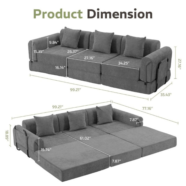 English Elm 100 Inch Chenille Cloud Sectional Sleeper Sofa with Fixed Frame and Storage Pocket Dark Gray W3523S00002