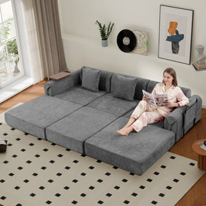 English Elm 100 Inch Chenille Cloud Sectional Sleeper Sofa with Fixed Frame and Storage Pocket Dark Gray W3523S00002