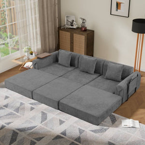 English Elm 100 Inch Chenille Cloud Sectional Sleeper Sofa with Fixed Frame and Storage Pocket Dark Gray W3523S00002