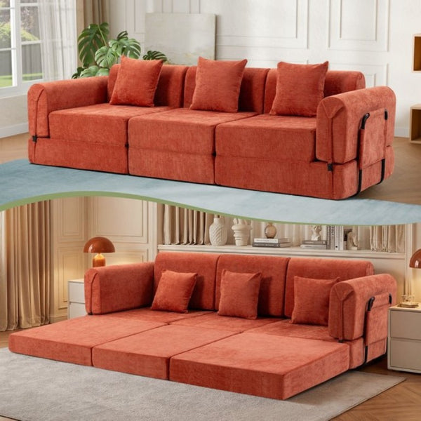English Elm 100 Inch Chenille Cloud Sectional Sleeper Sofa with Fixed Frame and Storage Pocket Orange W3523S00003