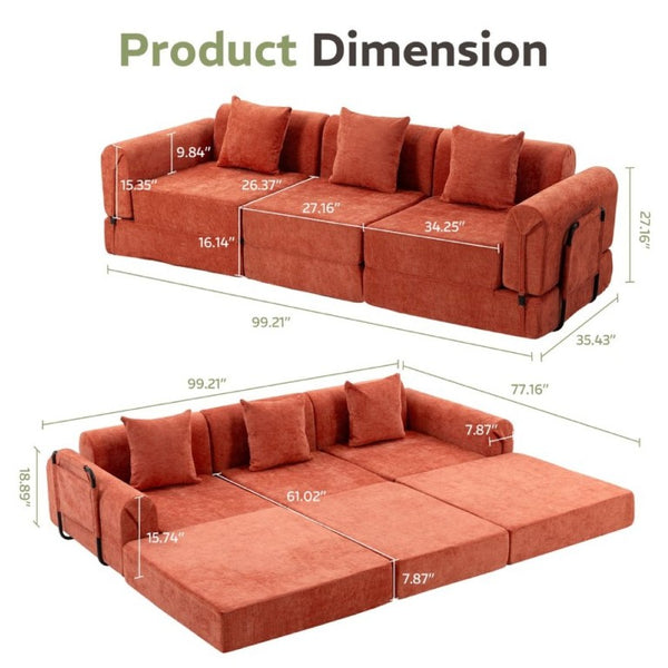 English Elm 100 Inch Chenille Cloud Sectional Sleeper Sofa with Fixed Frame and Storage Pocket Orange W3523S00003