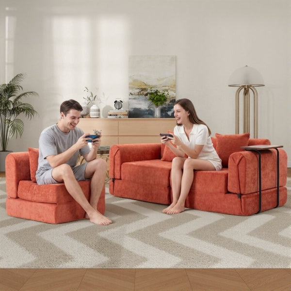 English Elm 100 Inch Chenille Cloud Sectional Sleeper Sofa with Fixed Frame and Storage Pocket Orange W3523S00003