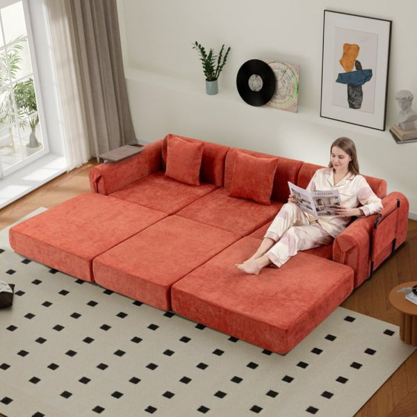 English Elm 100 Inch Chenille Cloud Sectional Sleeper Sofa with Fixed Frame and Storage Pocket Orange W3523S00003