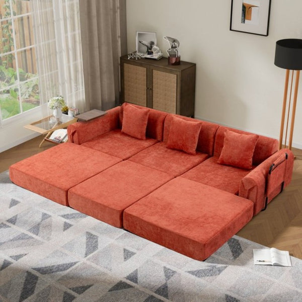 English Elm 100 Inch Chenille Cloud Sectional Sleeper Sofa with Fixed Frame and Storage Pocket Orange W3523S00003