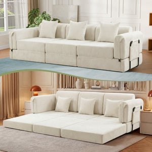 English Elm 100 Inch Chenille Cloud Sectional Sleeper Sofa with Fixed Frame and Storage Pocket Cream W3523S00004
