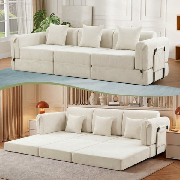 English Elm 100 Inch Chenille Cloud Sectional Sleeper Sofa with Fixed Frame and Storage Pocket Cream W3523S00004