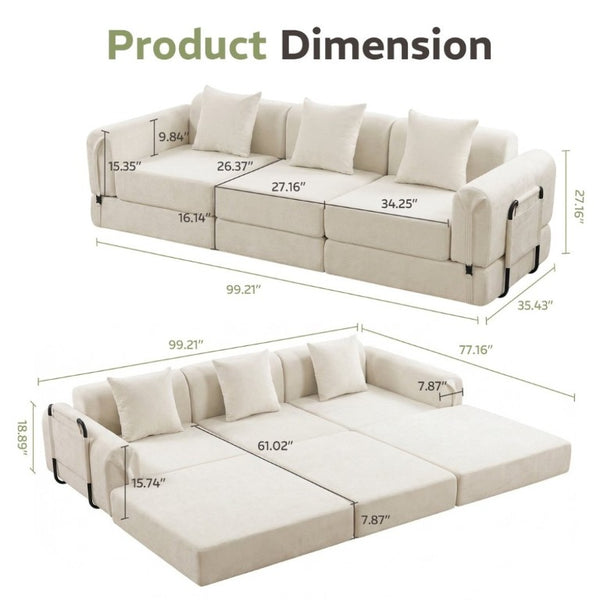 English Elm 100 Inch Chenille Cloud Sectional Sleeper Sofa with Fixed Frame and Storage Pocket Cream W3523S00004