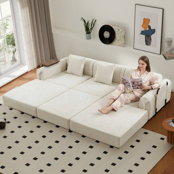 English Elm 100 Inch Chenille Cloud Sectional Sleeper Sofa with Fixed Frame and Storage Pocket Cream W3523S00004