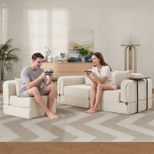 English Elm 100 Inch Chenille Cloud Sectional Sleeper Sofa with Fixed Frame and Storage Pocket Cream W3523S00004