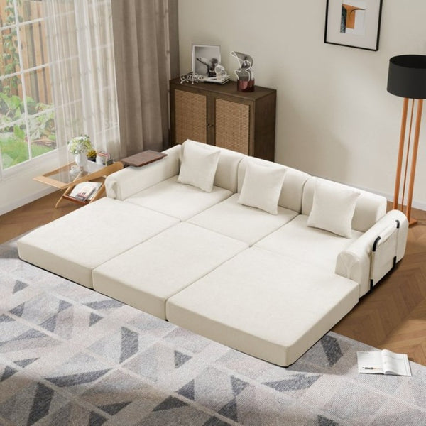 English Elm 100 Inch Chenille Cloud Sectional Sleeper Sofa with Fixed Frame and Storage Pocket Cream W3523S00004