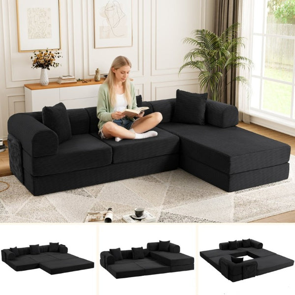 English Elm 107 Inch Modular L-Shaped Sectional Sleeper Sofa Corduroy Memory Foam Cloud Couch Lounge Black W3523S00005