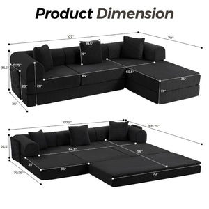 English Elm 107 Inch Modular L-Shaped Sectional Sleeper Sofa Corduroy Memory Foam Cloud Couch Lounge Black W3523S00005