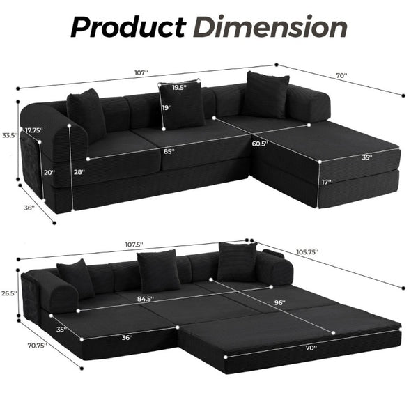 English Elm 107 Inch Modular L-Shaped Sectional Sleeper Sofa Corduroy Memory Foam Cloud Couch Lounge Black W3523S00005