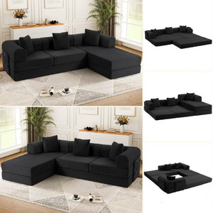 English Elm 107 Inch Modular L-Shaped Sectional Sleeper Sofa Corduroy Memory Foam Cloud Couch Lounge Black W3523S00005