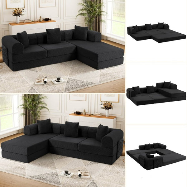 English Elm 107 Inch Modular L-Shaped Sectional Sleeper Sofa Corduroy Memory Foam Cloud Couch Lounge Black W3523S00005