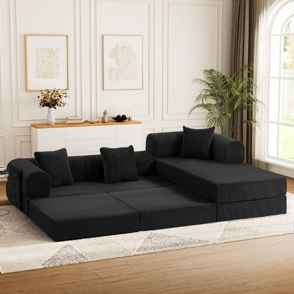 English Elm 107 Inch Modular L-Shaped Sectional Sleeper Sofa Corduroy Memory Foam Cloud Couch Lounge Black W3523S00005