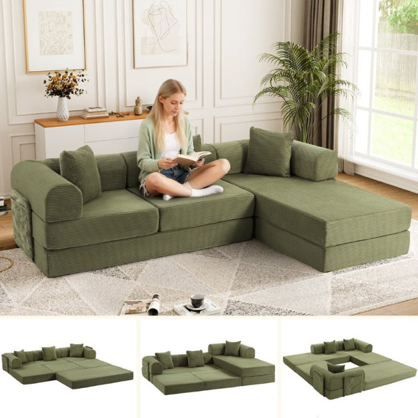 English Elm 107 Inch Modular L-Shaped Sectional Sleeper Sofa Corduroy Memory Foam Cloud Couch Lounge Green W3523S00006