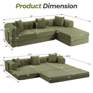 English Elm 107 Inch Modular L-Shaped Sectional Sleeper Sofa Corduroy Memory Foam Cloud Couch Lounge Green W3523S00006