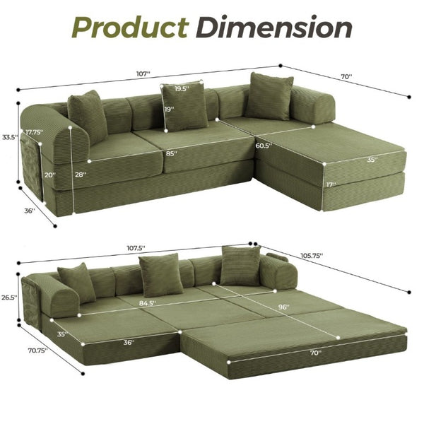 English Elm 107 Inch Modular L-Shaped Sectional Sleeper Sofa Corduroy Memory Foam Cloud Couch Lounge Green W3523S00006
