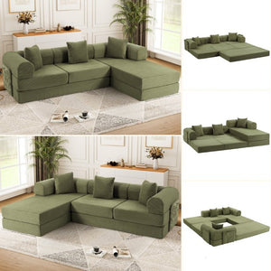 English Elm 107 Inch Modular L-Shaped Sectional Sleeper Sofa Corduroy Memory Foam Cloud Couch Lounge Green W3523S00006