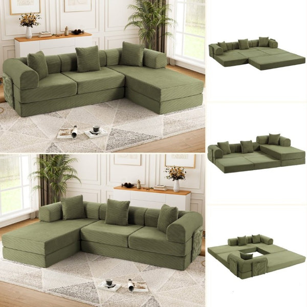 English Elm 107 Inch Modular L-Shaped Sectional Sleeper Sofa Corduroy Memory Foam Cloud Couch Lounge Green W3523S00006