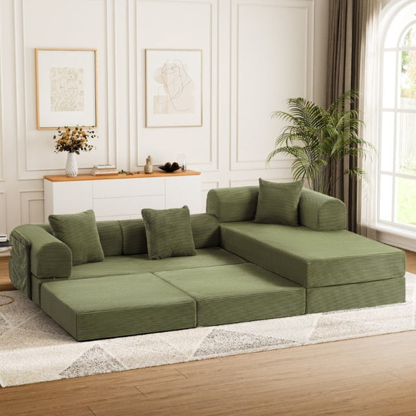 English Elm 107 Inch Modular L-Shaped Sectional Sleeper Sofa Corduroy Memory Foam Cloud Couch Lounge Green W3523S00006
