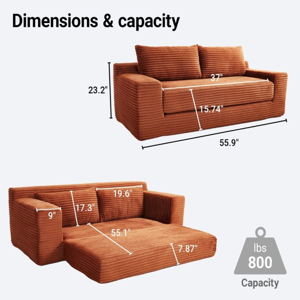 English Elm 56Memory Foam Loveseat Corduroy Convertible Sleeper Compact Couch for Small Spaces Orange W3561P417944
