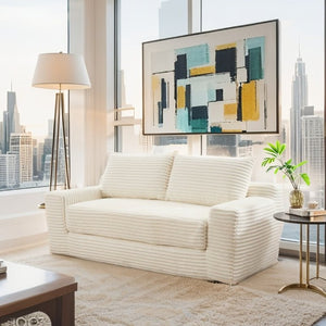 English Elm 56Memory Foam Loveseat Corduroy Convertible Sleeper Compact Couch for Small Spaces Beige W3561P417945