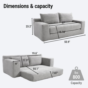 English Elm 56Memory Foam Loveseat Corduroy Convertible Sleeper Compact Couch for Small Spaces Grey W3561P417962