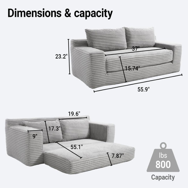 English Elm 56Memory Foam Loveseat Corduroy Convertible Sleeper Compact Couch for Small Spaces Grey W3561P417962