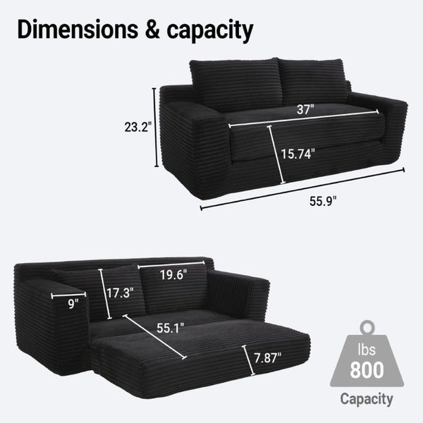 English Elm 56Memory Foam Loveseat Corduroy Convertible Sleeper Compact Couch for Small Spaces Black W3561P417964