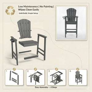 English Elm Hdpe Recycled Lumber Bar Height Adirondack Chair with Built-in Cup Holder Outdoor Patio Gray W3566P454873