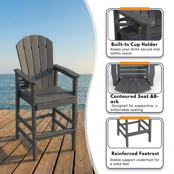 English Elm Hdpe Recycled Lumber Bar Height Adirondack Chair with Built-in Cup Holder Outdoor Patio Gray W3566P454873