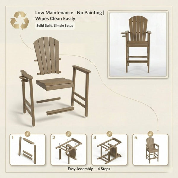 English Elm Hdpe Recycled Lumber Bar Height Adirondack Chair with Built-in Cup Holder Outdoor Patio Antique Brown W3566P454876