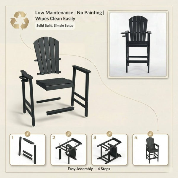 English Elm Hdpe Recycled Lumber Bar Height Adirondack Chair with Built-in Cup Holder Outdoor Patio Black W3566P454877