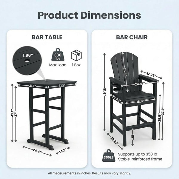 English Elm 3-piece Hdpe Outdoor Bar Height Bistro Set Round Pub Table with Uv Resistant Stools Black W3566S00027