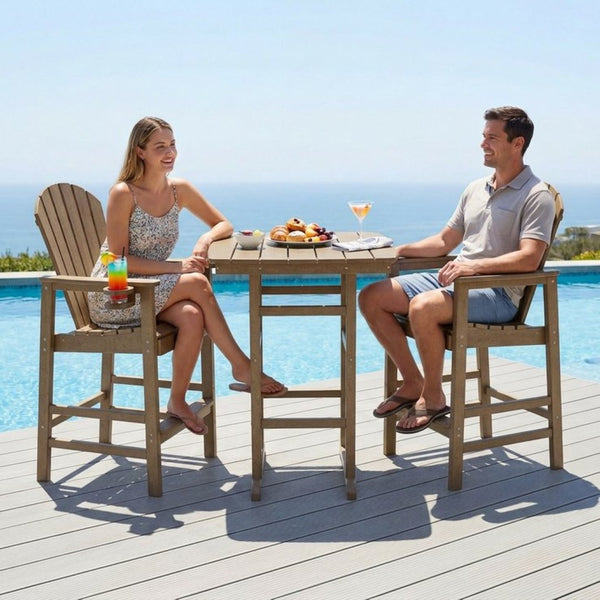 English Elm 3-piece Hdpe Outdoor Bar Height Bistro Set Round Pub Table with Uv Resistant Stools Antique Oak W3566S00028