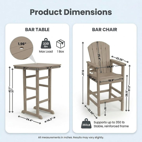 English Elm 3-piece Hdpe Outdoor Bar Height Bistro Set Round Pub Table with Uv Resistant Stools Antique Oak W3566S00028