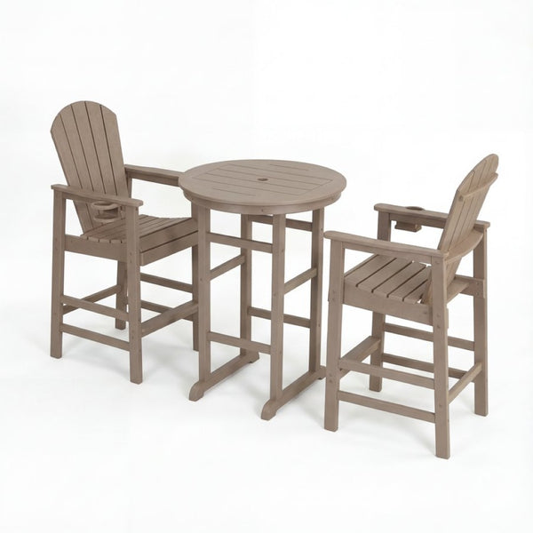 English Elm 3-piece Hdpe Outdoor Bar Height Bistro Set Round Pub Table with Uv Resistant Stools Antique Wood W3566S00031