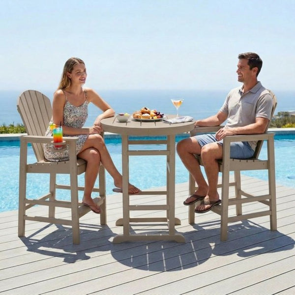 English Elm 3-piece Hdpe Outdoor Bar Height Bistro Set Round Pub Table with Uv Resistant Stools Antique Wood W3566S00031
