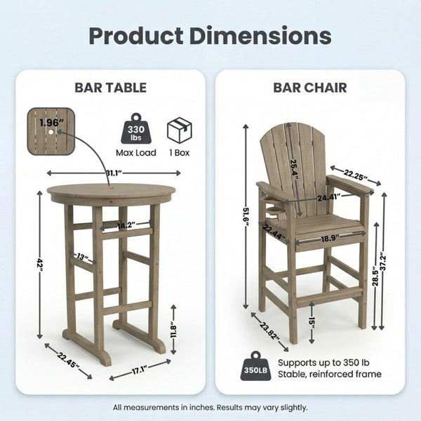 English Elm 3-piece Hdpe Outdoor Bar Height Bistro Set Round Pub Table with Uv Resistant Stools Antique Wood W3566S00031