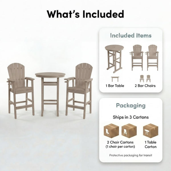 English Elm 3-piece Hdpe Outdoor Bar Height Bistro Set Round Pub Table with Uv Resistant Stools Antique Wood W3566S00031