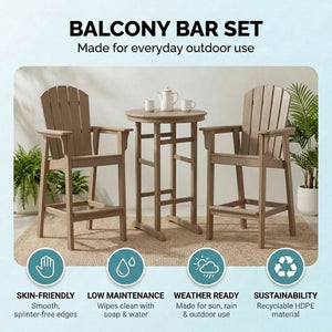 English Elm 3-piece Hdpe Outdoor Bar Height Bistro Set Round Pub Table with Uv Resistant Stools Antique Wood W3566S00031
