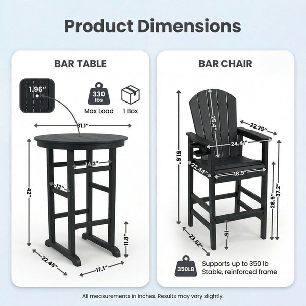 English Elm 3-piece Hdpe Outdoor Bar Height Bistro Set Round Pub Table with Uv Resistant Stools W3566S00032