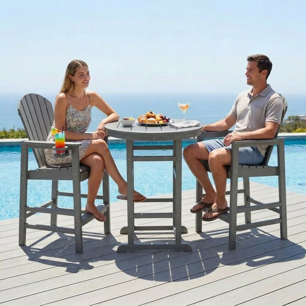 English Elm 3-piece Hdpe Outdoor Bar Height Bistro Set Round Pub Table with Uv Resistant Stools Gray W3566S00033