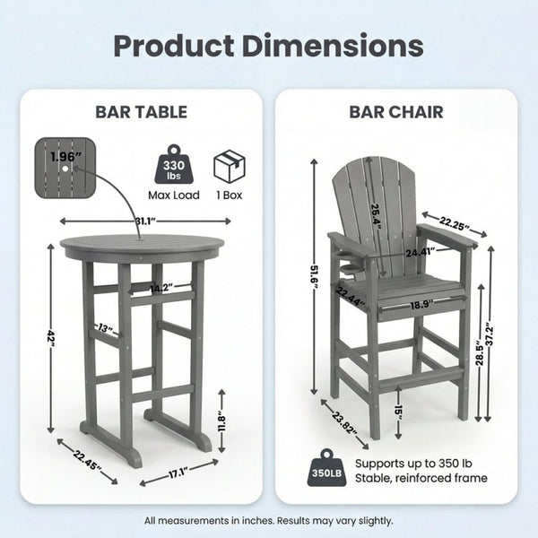 English Elm 3-piece Hdpe Outdoor Bar Height Bistro Set Round Pub Table with Uv Resistant Stools Gray W3566S00033
