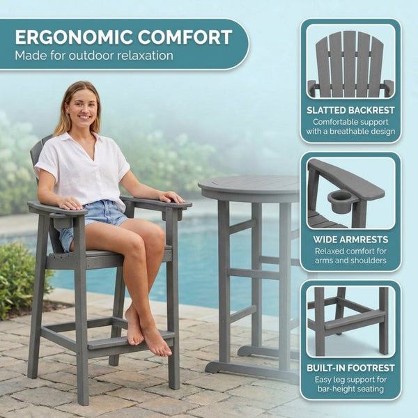 English Elm 3-piece Hdpe Outdoor Bar Height Bistro Set Round Pub Table with Uv Resistant Stools Gray W3566S00033