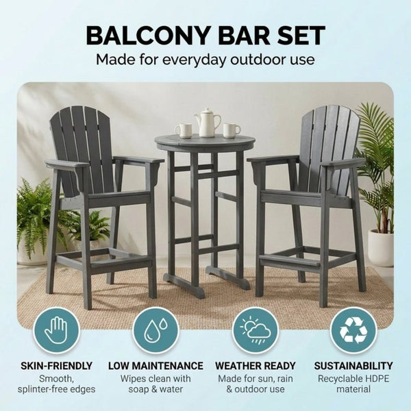English Elm 3-piece Hdpe Outdoor Bar Height Bistro Set Round Pub Table with Uv Resistant Stools Gray W3566S00033