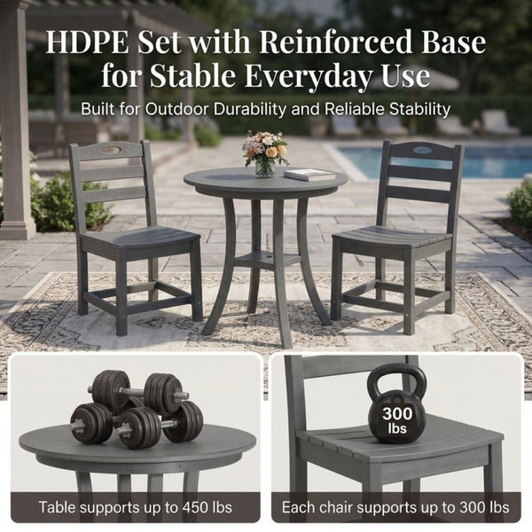 English Elm Charcoal Hdpe Outdoor Bistro Set with Round Table and Two Weather Resistant Chairs W3566S00037