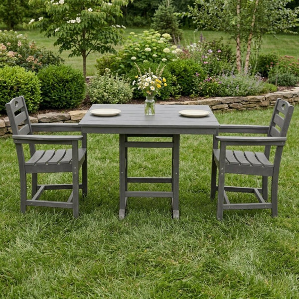 English Elm Gray HDPE 3 Piece Outdoor Dining Set with Umbrella Ready Square Table and Slatted Armchairs W3566S00042